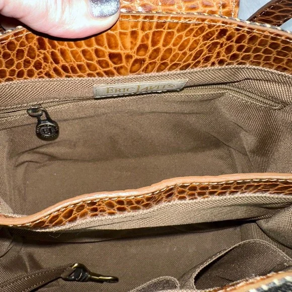 Eric Javits Woven Tote Bag Brown Tan Crocodile Trim Top Handle - Picture 8 of 11
